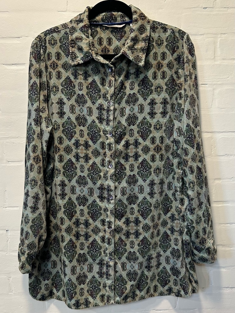 Soft Surroundings Pamina Velvet Tunic Blouse L Olive Green Medallion Boho